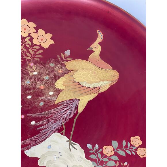 Japenese Maruni Co Lacquerware Metal Inlaid MOP Peacock Wall Charger Circa 1940s - Picture 3 of 13